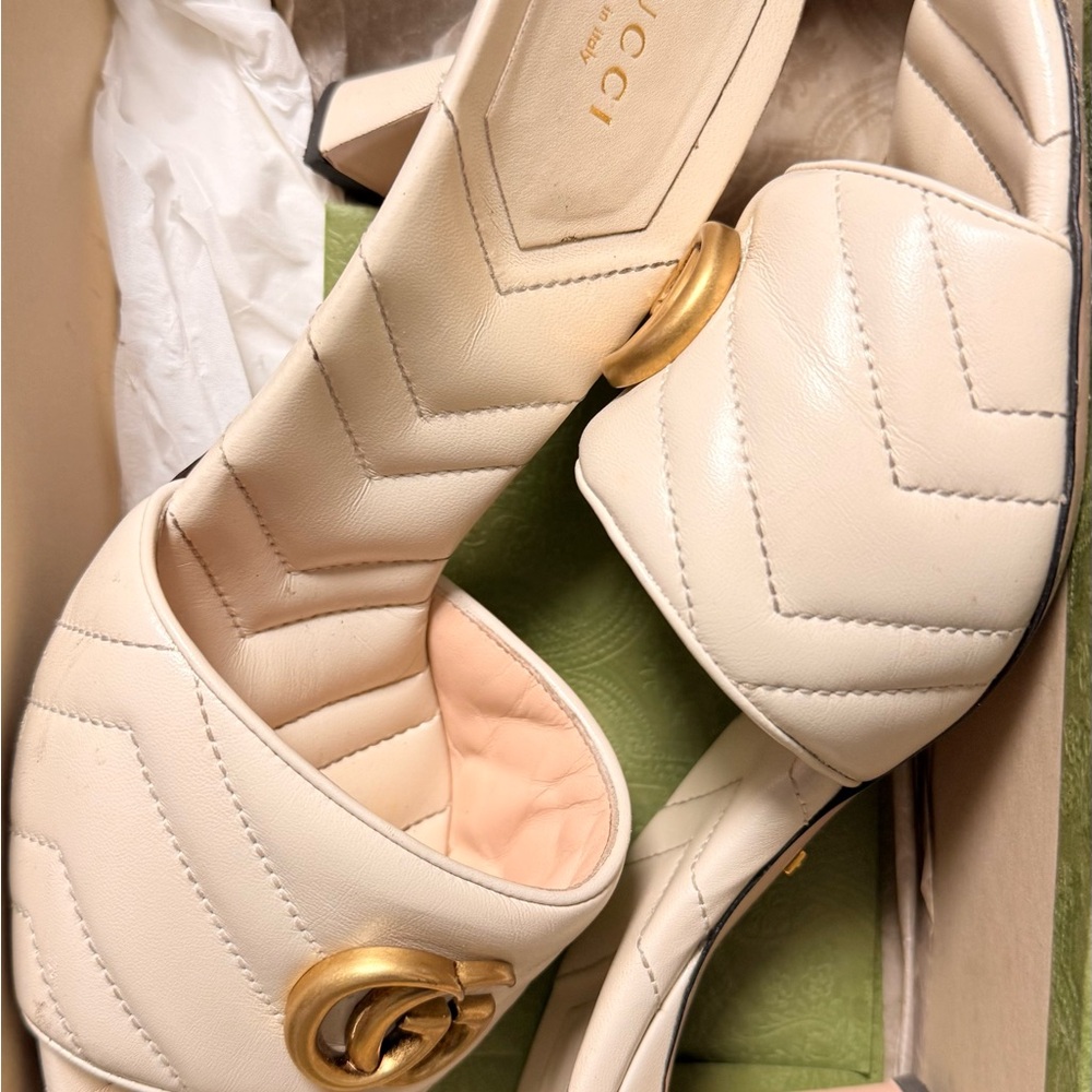 Gucci Women's Cream Quilted Heels with Gold Accent